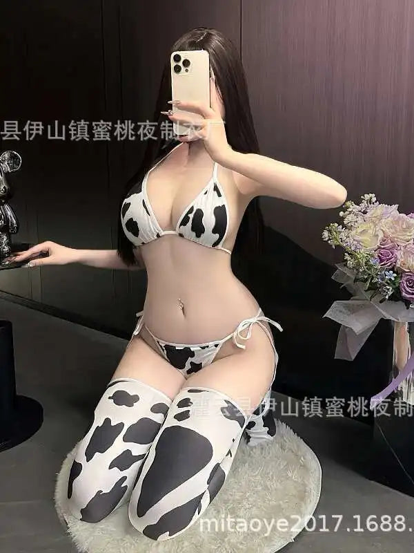 Cow Print Sexy Cosplay Costume Maid Swimsuit Anime Bikini For Beach Vacation Holiday Pool Party Charming Backless Deep V 7AXO