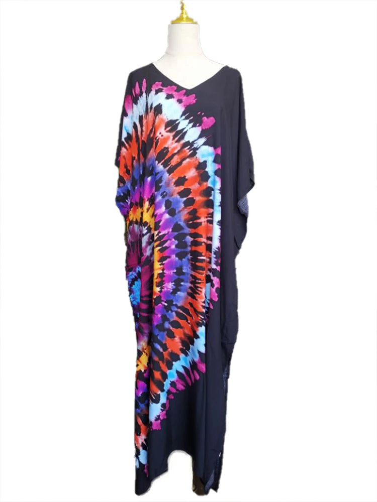 2025 Loose Boho Style Maxi Dress Print Face Swim Suit Cover-up Bohemian Dress Robe Plage Kaftan Maxi Dress Beach Wear Tunics