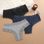 3Pcs Women Cotton Brazilian Pants Sexy Lace Brazilian Briefs Low Waist Floral Solid Color G-string Breathable Soft Lingerie