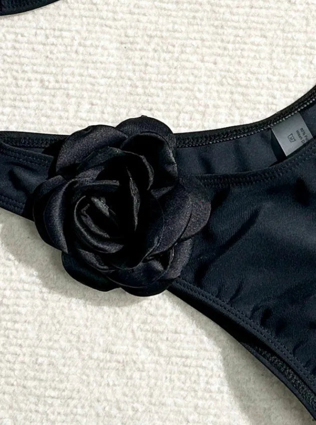 Sexy 3D Flower Patchwork Swimwear Thong Bikini 2024 Women Lace-up Swimsuit Halter Drawstring Swimming Bathing Suit Biquini Mujer