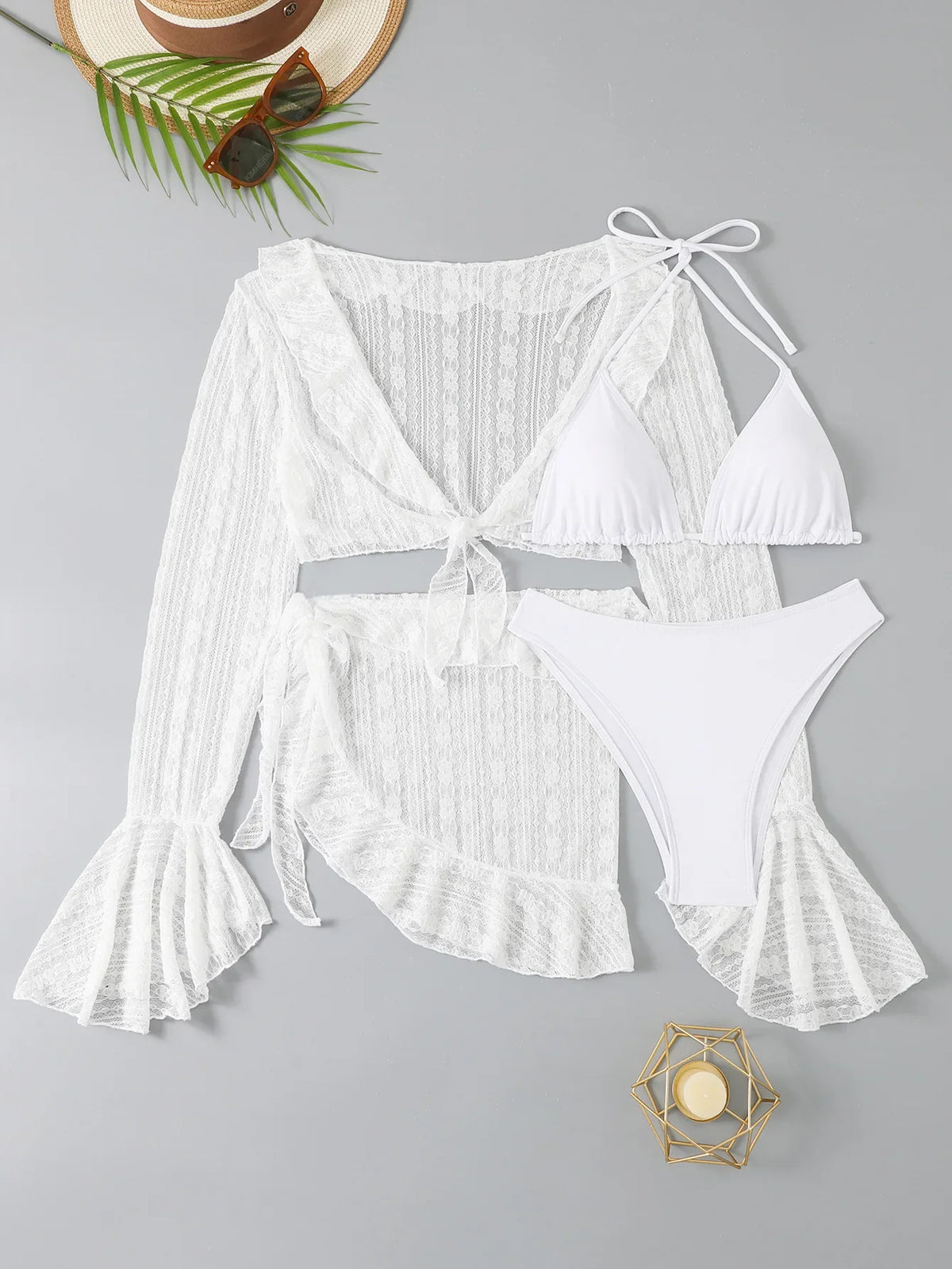 2025 4 Pieces Swimsuit with Skirt Female Swimwear Long-sleeved Cover Up Thong Bikinis Set Bather Swimming Beachwear Bathing Suit