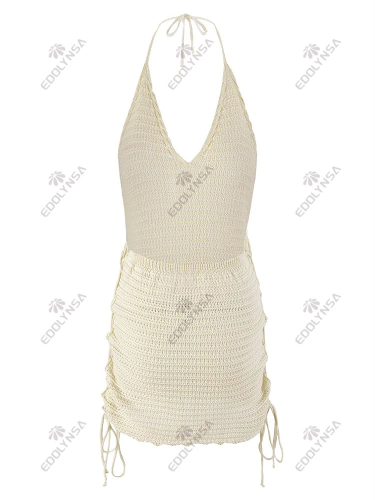 Solid Knit Halter V-neck Side Cross Straps Slim Beach Mini Dress 2026 Women Crochet Beach Swimsuit Cover Up Vacation Outfit K104
