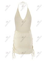 Solid Knit Halter V-neck Side Cross Straps Slim Beach Mini Dress 2026 Women Crochet Beach Swimsuit Cover Up Vacation Outfit K104