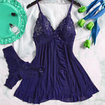 2 Pcs Set Sexy Lingerie Set Women Deep V Slip Dress Thong Erotic Bra Panty Sets Lace Nightdress Transparent Soft Nightgown