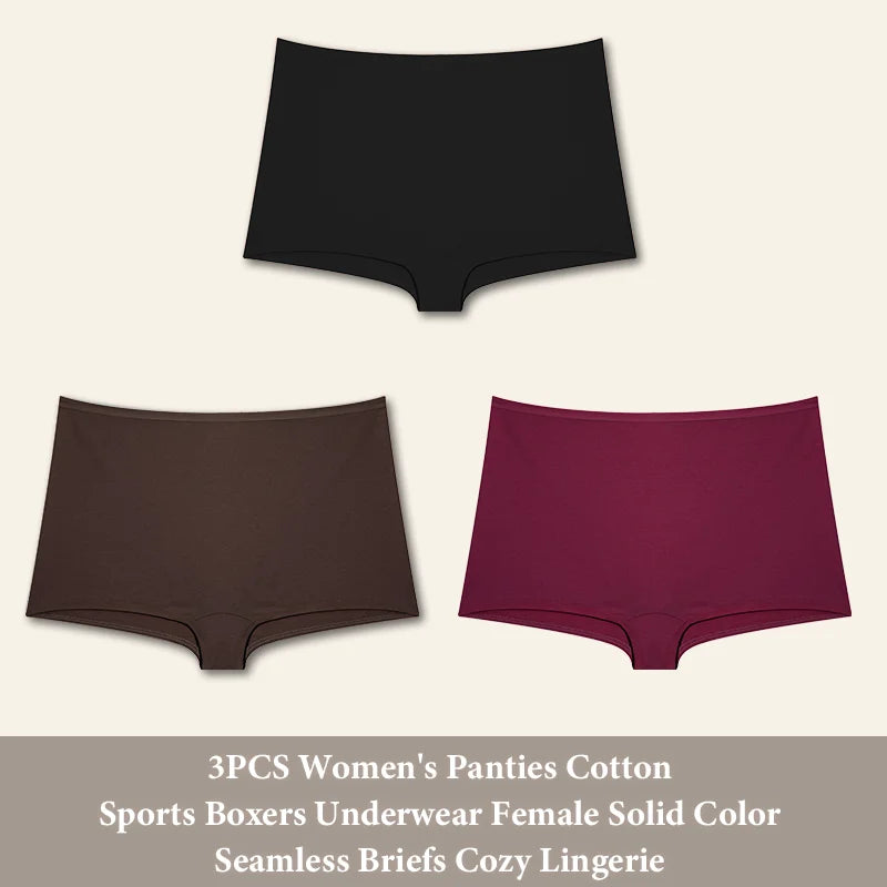 3PCS Women's Panties Cotton Seamless Sports Boxers Underwear Female Solid Color Briefs Cozy Lingerie Intimate Underpants XS-XL