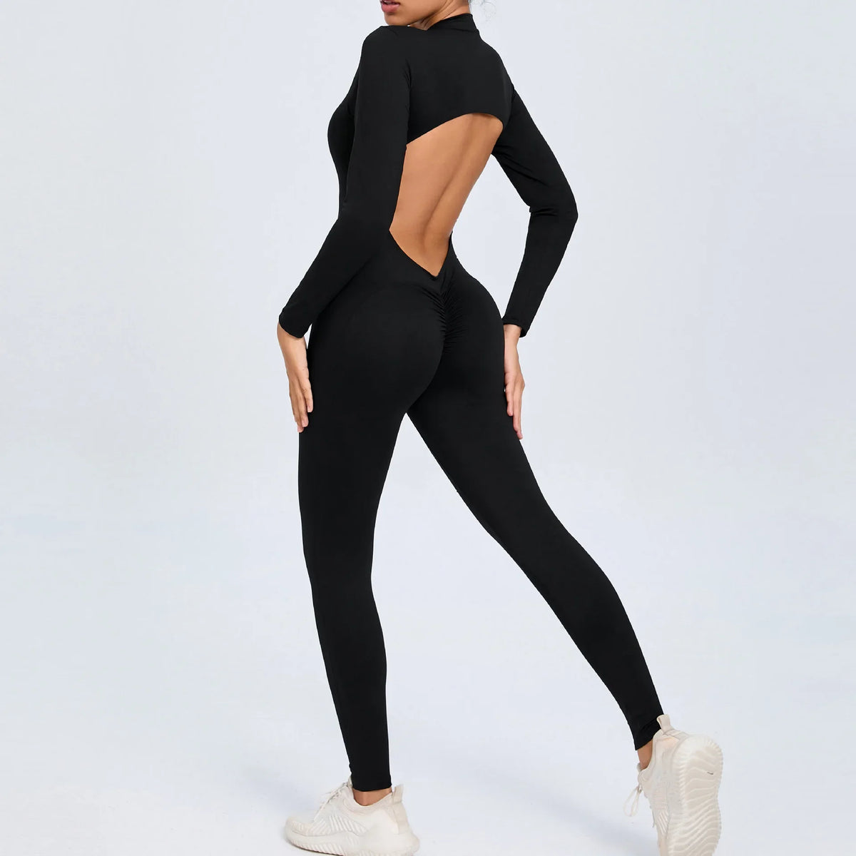 Hearuisavy Summer V Back Sports Jumpsuit Yoga Clothes Rompers Women Long Sleeveles Workout Bodysuits Backless One-piece Suit