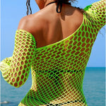 Women Sheer Mesh Long Sleeve Beach Cover Up, Sexy See-Through Fishnet Dress, Solid BodyconFor Summer Beach Party