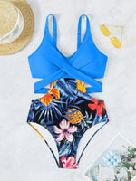 One Piece Swimsuit Women Vintage Green Floral Print Hollow Out Backless High Waist Bikini 2025 Bathing Suit Bandage Swimwear