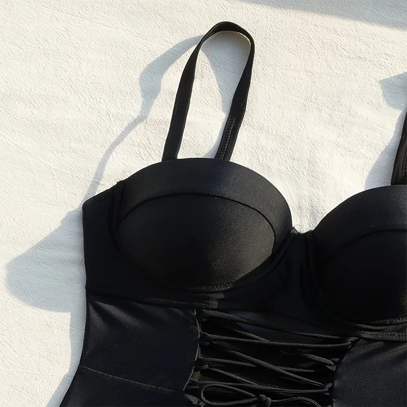 Solid Color Black One Piece Swimsuit for Women Sexy High Waist Bandage Hollow Out Monokini Bikini Underwire Push Up Swimwear
