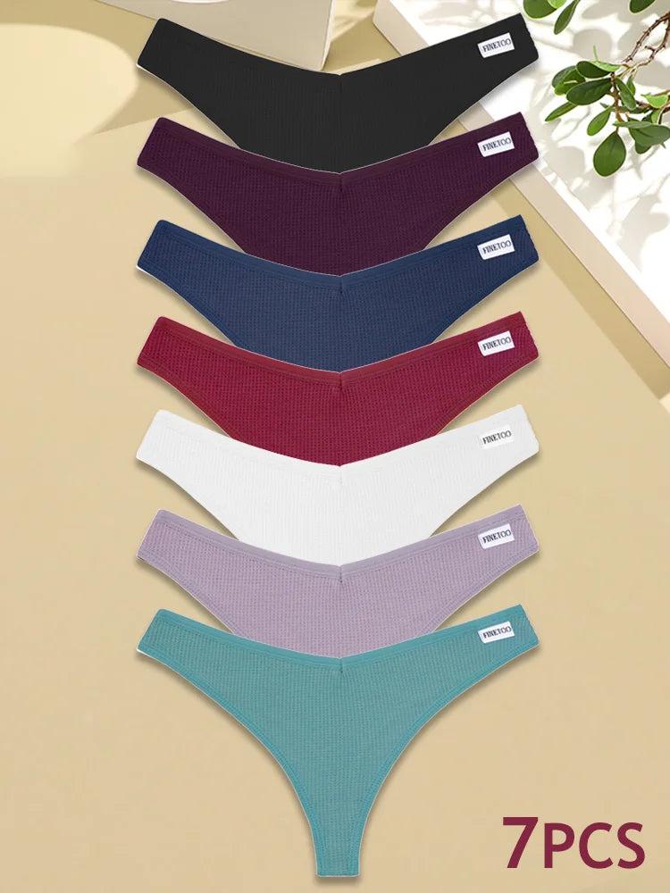 New 7Pcs Women Cotton Waffle Style G-string Panties Ladies Soft Thongs Female S-XL Low-Rise T-Back Panties Bikini Underwear 2024