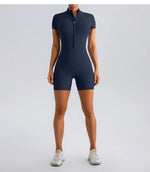 Yoga Jumpsuit Fashion Zipper Dance Short Playsuit Women Romper Short Sleeve Gym Fitness Overalls One Piece Sports Suit Unitard