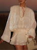 Fashion Solid Mesh Long Sleeved Backless Pleated Prom Dresses Chic Ruffle Bow Lace Up Women Mini Dresses Lady Spring Party Robe test