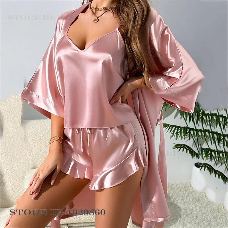 Female 3PCS Pajamas Set Kimono Bathrobe Gown Spring Summer New Sleepwear Strap Top&shorts Lingerie Loose Silk Satin Home Wear