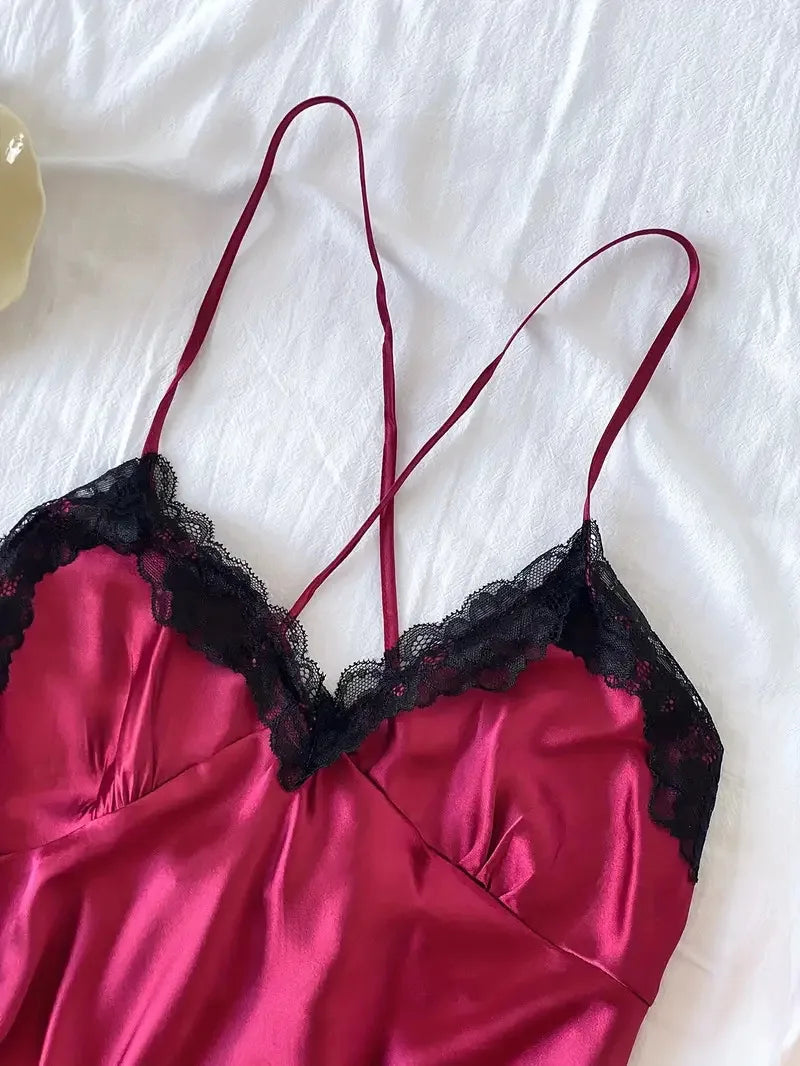 Sexy Pajamas Women's Lace Suspender Nightdress Silk Thin Dress Lingerie Women Nightgowns Sexy Solid Nightwear Summer Loungewear
