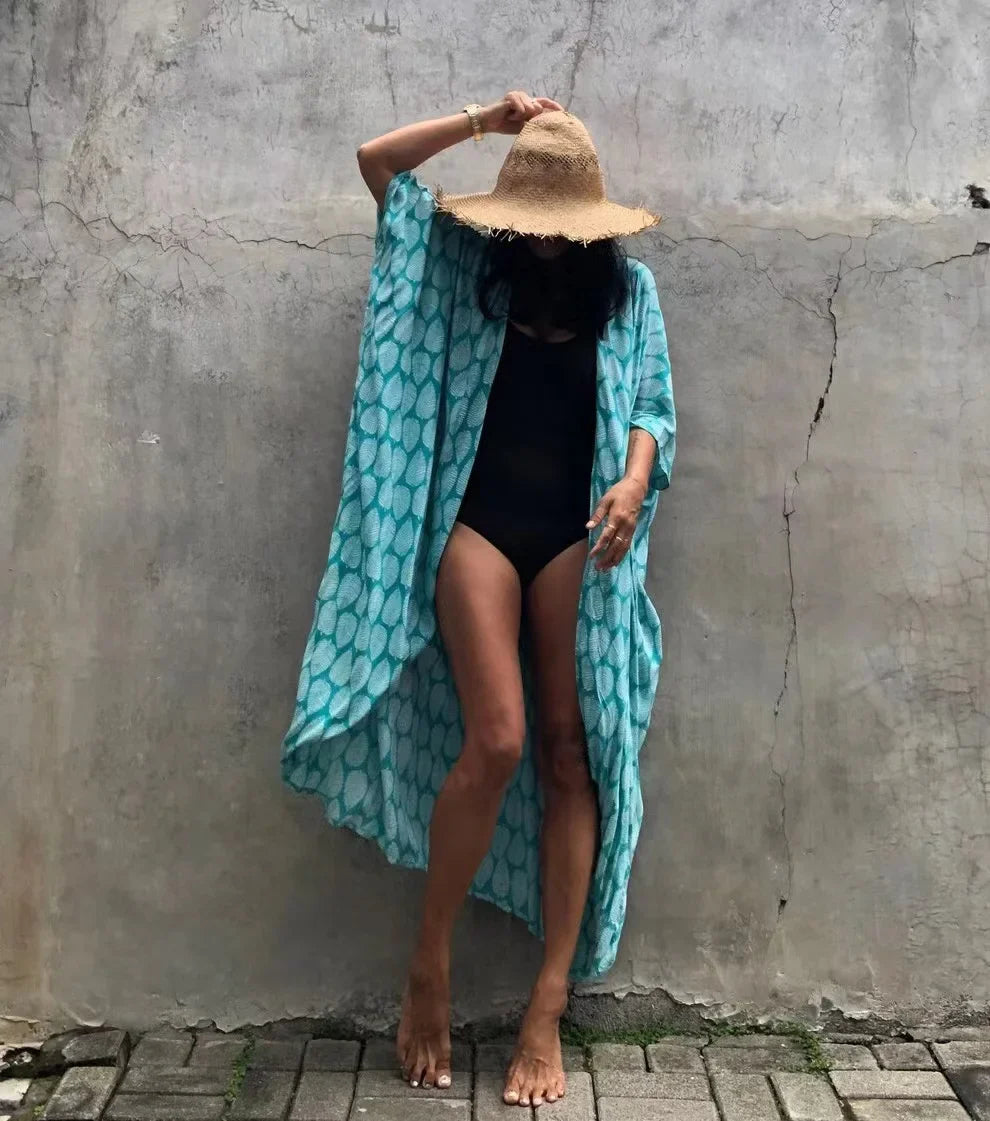 2024 New Summer Sexy Beach Kimono Swimwear Cotton Cover Up Swimsuit Women Print Bikini Cover Up Beachwear Dress Robe
