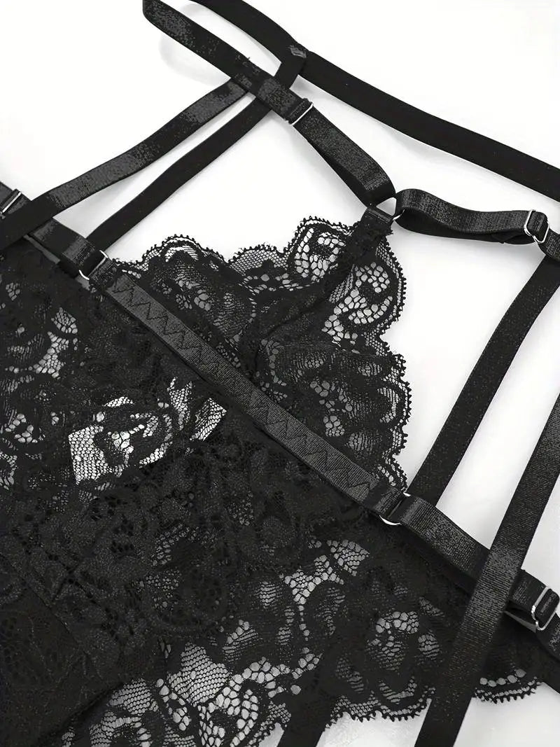 Hot Sexy Lingerie Female Bra Garter Panty Ultra-thin Semi See-through Full Lace Comfortable No-steel Ring Bras Thong Body Suit
