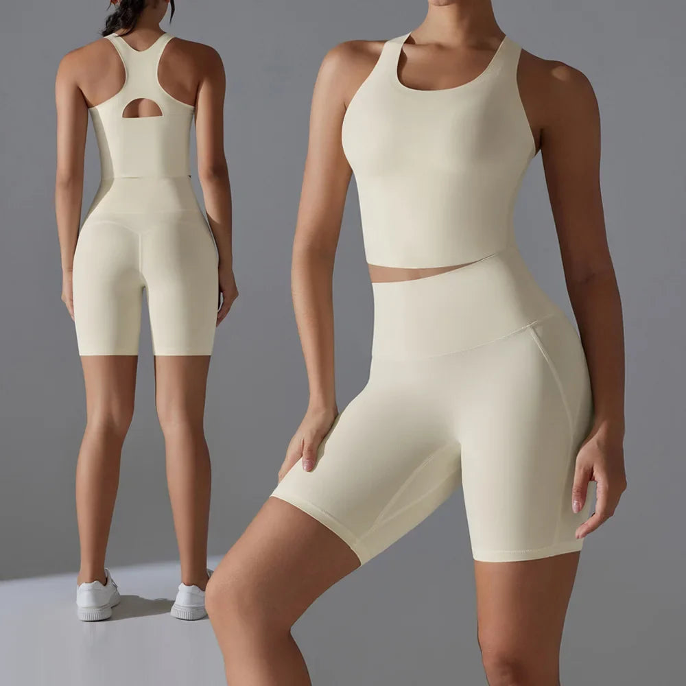 Yoga Set 2PCS Sports Suit seamless sports vest Women Nude tight-fitting Gym running Shorts Fitness Tracksuit Workout Sportswear