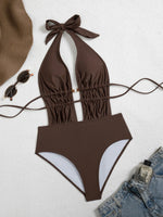Sexy Brown Hollow Out Backless Swimwear Women 2026 Pearls Pleate Bandage One Piece Swimsuit Beach Bathing Suit Holiday Bikini
