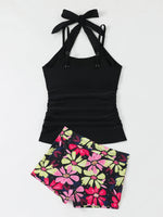 New Floral Print Tankini Sets Swimwear Halter Women Two Pieces Swimsuit Summer Slimming Sporty High Waisted Bathing Suits Shorts