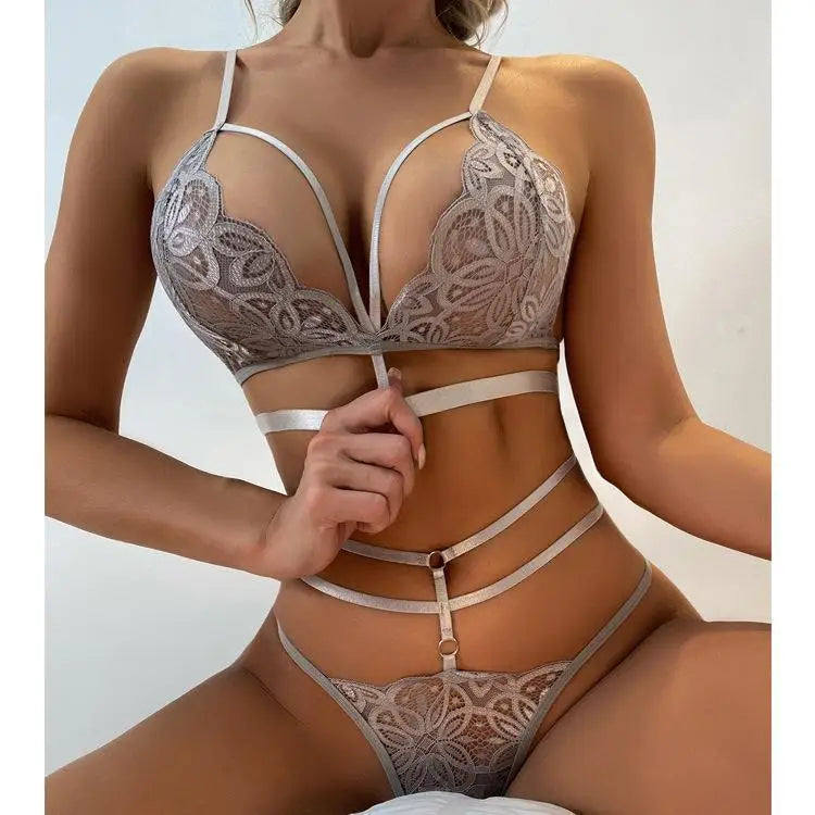 Sexy Lingerie Open Bra Set Transparent LaceDeep V Open Bra And Panty Sets Erotic Costumes Women Sleepwear Plus Size Underwear