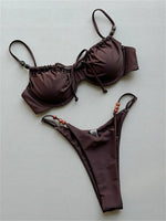 Sexy Coffee Bikini Set Women Front Tie Pleate Push Up Underwire Bra Beaded String Thong Swimsuit 2026 Bathing Suit Pool Swimwear