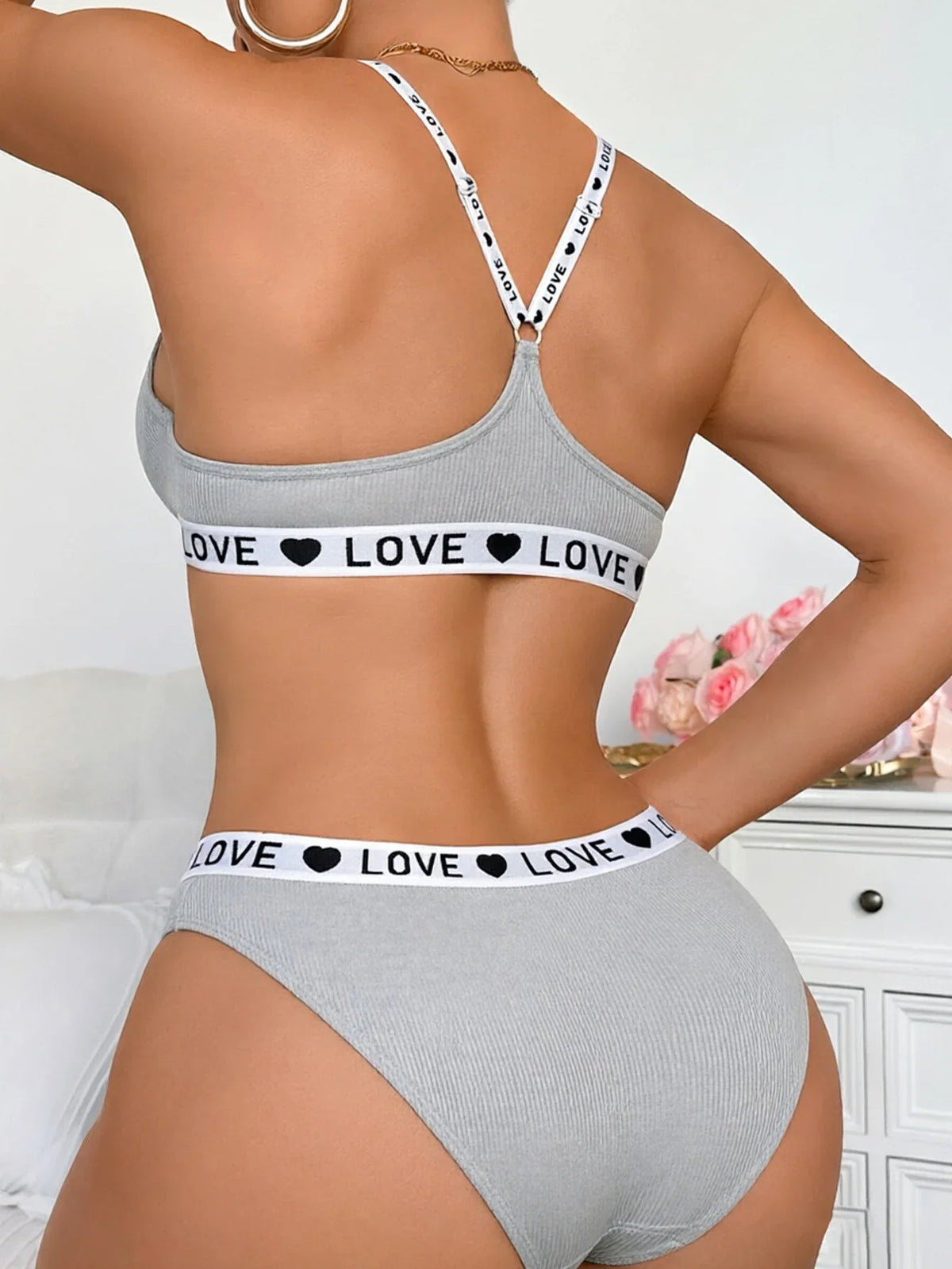 New Ribbed Women's Underwear Set Letter Strap Underwear Front-Clasp Push-Up Bra Comfy Daily Female Bra Set