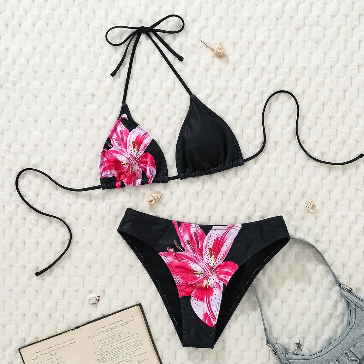 2025 New Women's Black Ground White Dot Printed Swimsuit Halter Neck Low Waist Bikini Set For Summer Female Swimwear Brazilian