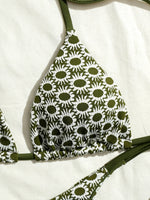 Sexy Green Sunflower Print Mini Bikini 2026 Women Halter Push Up Bra Tie Side Bandage Thong Swimsuit Beach Bathing Suit Swimwear