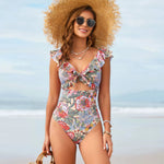 Vintage Blue Floral Print One Piece Swimsuit Skirt Sets Women Front Bow Ruffles Hollow Tummy Control Bathing Suit Swimwear 2026