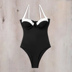 Sexy Black White Patchwork Underwire Swimsuit 2024 Women V Wire Push Up Tummy Control One Piece Swimwear Bathing Suit Bikini
