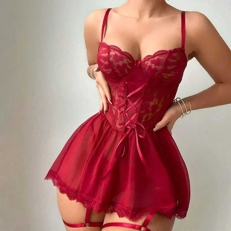 New Sexy Lingerie For Woman Women Lace Hollow Bodysuit Baby Doll Garters Dress TransparentDeep V Open Bra And Panty Underwear