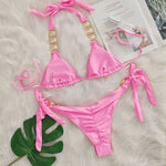 Sexy Rhinestone Bikini Set Women 2026 Luxury Pink Crystal Diamond Push Up Bandage Thong Swimsuit Beach Bathing Suit Swimwear