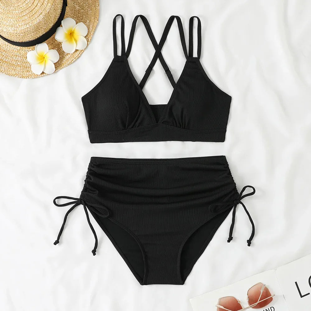 Women's Two Piece Swimsuit Black Double Strap Push Up Pleate Drawstring Side High Waist Bikini 2025 Beach Bathing Suit Swimwear