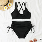 Women's Two Piece Swimsuit Black Double Strap Push Up Pleate Drawstring Side High Waist Bikini 2025 Beach Bathing Suit Swimwear