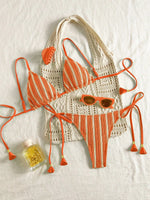 Sexy Orange Striped Bikini Set 2026 Women Halter Push Up Bra Tassel Bandage Thong Swimsuit Summer Holiday Bathing Suit Swimwear