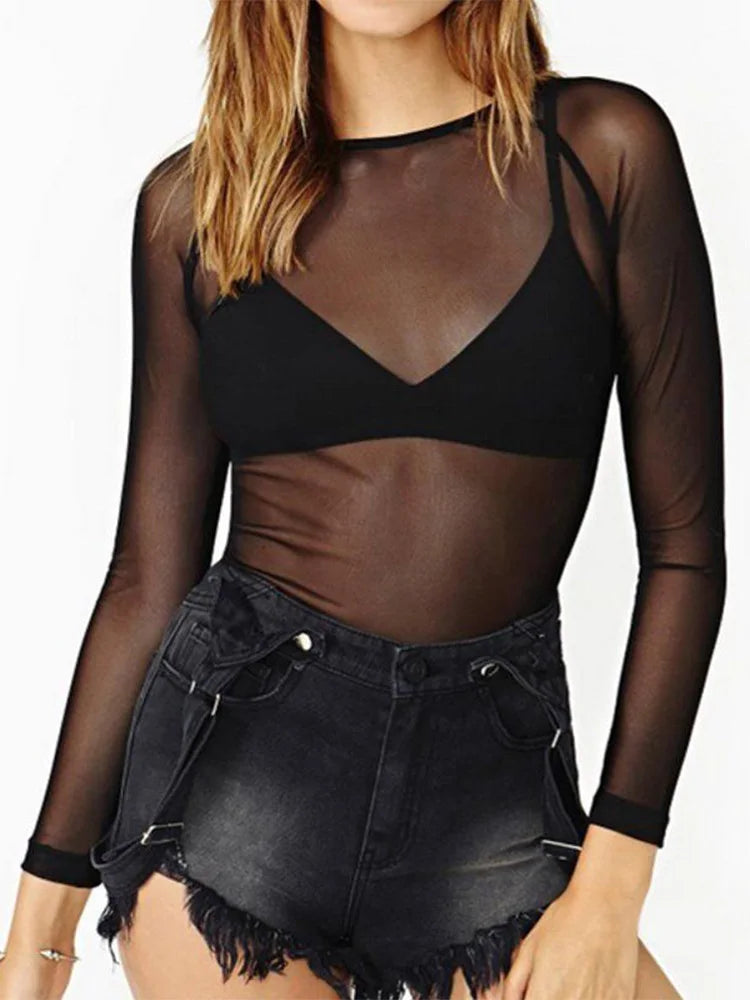 Hot NewSpring Summer Womens Long Sleeve Sexy Black Mesh Top T Shirts Transparent Punk Club Streetwear Tees Beach Tops