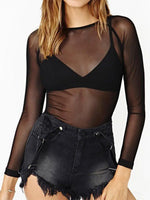 Hot NewSpring Summer Womens Long Sleeve Sexy Black Mesh Top T Shirts Transparent Punk Club Streetwear Tees Beach Tops