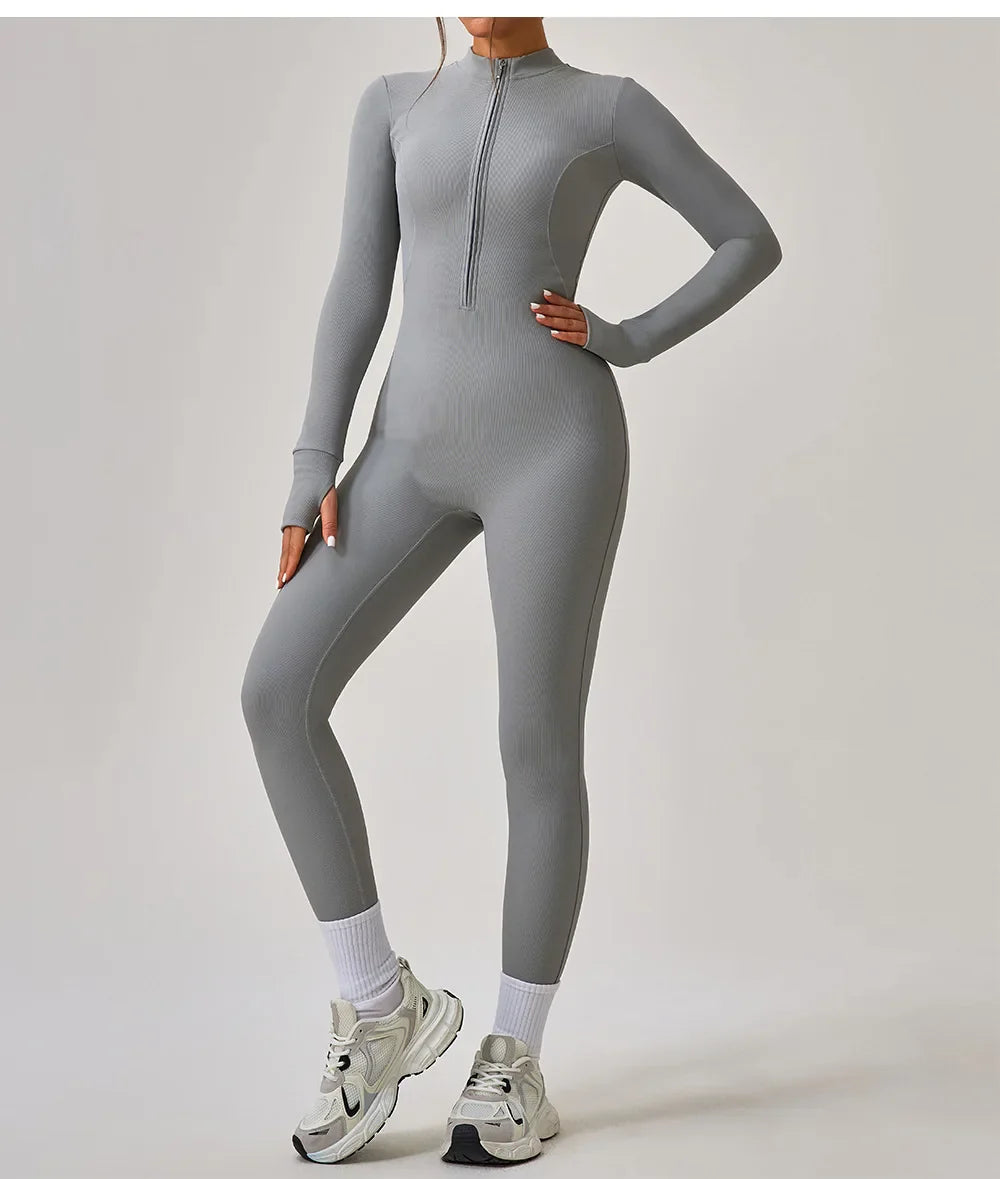 Women's Jumpsuits One-Piece Suit Yoga Set Zipper Long Sleeve Gym Push Up Workout Clothes Fitness Bodysuit Sportswear Tracksuit
