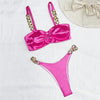 Sexy Rose Red Satin Swimwear Women Bandeau Metal Ring Bikinis Sets Swimsuit High Cut Bathing Suit Thong Bikini 2026 Mujer Bather test