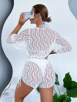 2024 3PCS Lace Hollow Out Bikini For Women Sexy Swimwear Female Pleated Cover Up Swimsuit Beach Wear New Brazilian Bathing Suit
