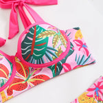 Vintage Green Leaves Print Bikini Set 2026 Women Tie Strap Push Up Underwire Long Skirt 3 Piece Swimsuit Bathing Suit Swimwear