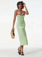 Satin Sling Bodycon Long Dress Women Flower Embroidery Sleeveless Spaghetti Strap Cocktail Dress Summer Party Club Skinny Dress