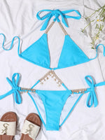 Sexy Luxury Bikini 2026 Women Crystal Rhinestones Push Up Micro Swimsuit Neon Orange Metal Chain Diamond High Cut Thong Swimwear