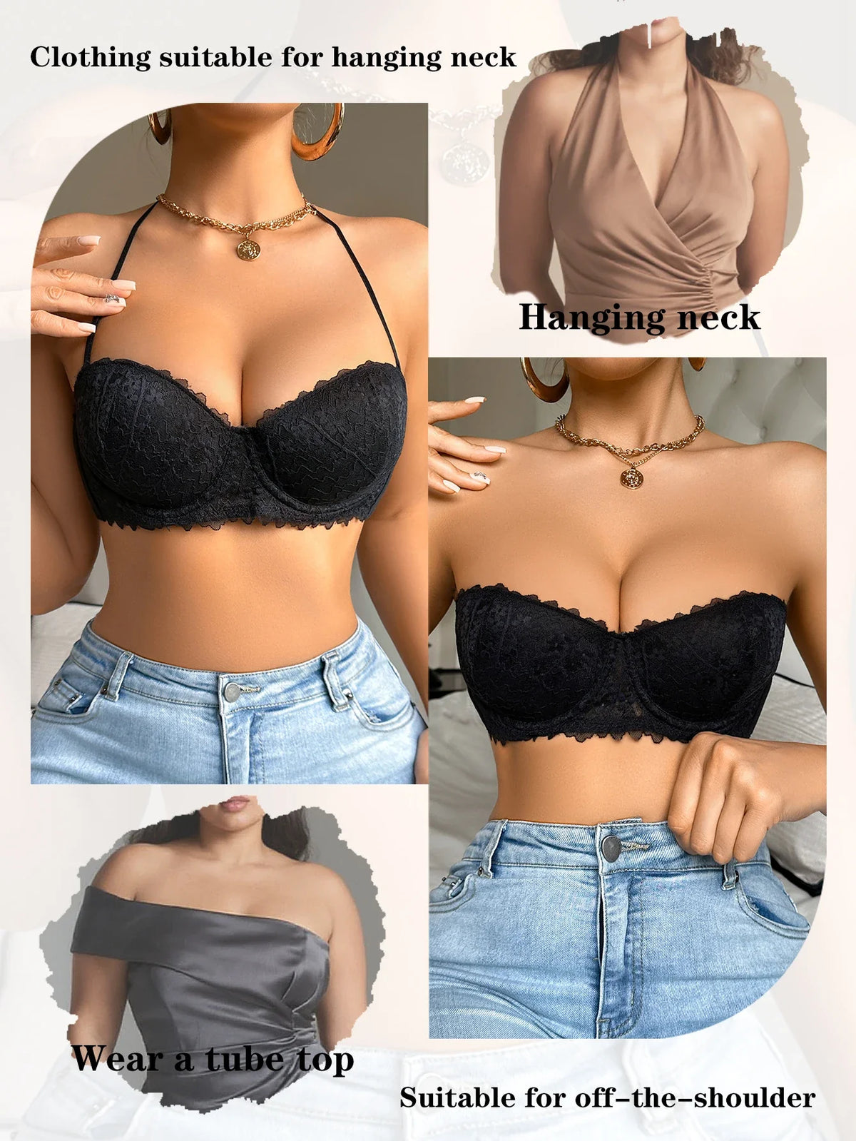 Silicone Pads Strapless Solid Color Sexy Lace Bras Fashionable Outfits Push up Detachable Straps Women's Bra