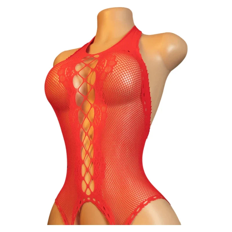 Desire Night EroticOpen Back Bras BodySuits Hanging Neck Bodystockings Crotchless Lingerie Women Sexy Mesh Hollow Underwear Set