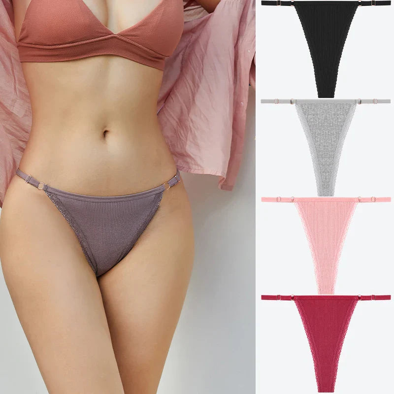 4Pcs Cotton Lace Panties Sexy G-String Women's Underwear Low Waist Comfortable Lingerie Briefs Adjustable Waist Thong Intimates