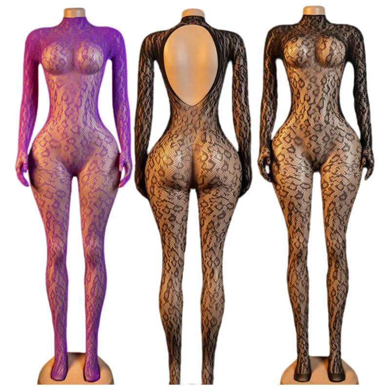 Hot Sexy Lingerie Erotic Crotchless Women Mesh Hollow Bodystockings Full Sleeve LeopardSling Hanging Neck Underwear Body Suits