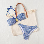 Bandeau Swimsuit Blue Thong Bikinis Women Sexy Print Halter Swimwear Female Padded Bathers Bathing Swim Suit Beach Wear Summer