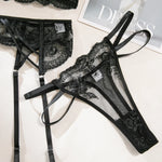 Embroidery Lingerie 3Pcs Sets Ultrathin Mesh Patchwork See Through Bras And Thongs Garter Suits Erotic Intimate Sexy Underwear