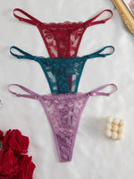 3-Pack Women's Sexy Lace Panties Underwear, Adjustable Strap Floral Lace Sheer Mesh Sexy Thong